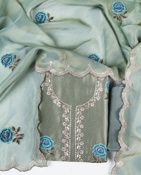 Grey Jaquard Tissue Suit Set with Zari & Resham Butti