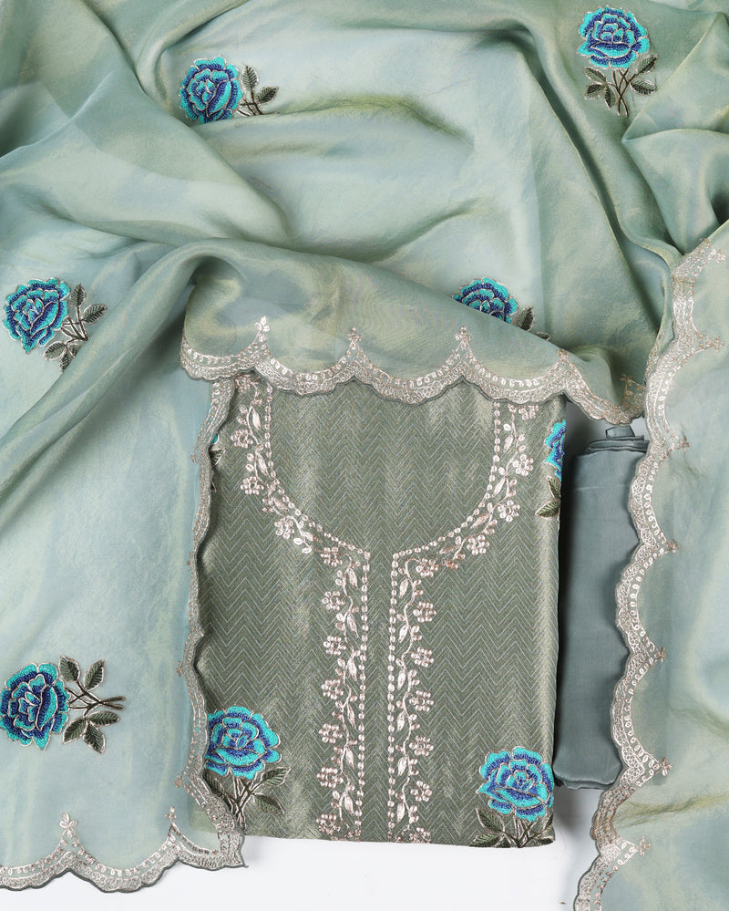 Grey Jaquard Tissue Suit Set with Zari & Resham Butti