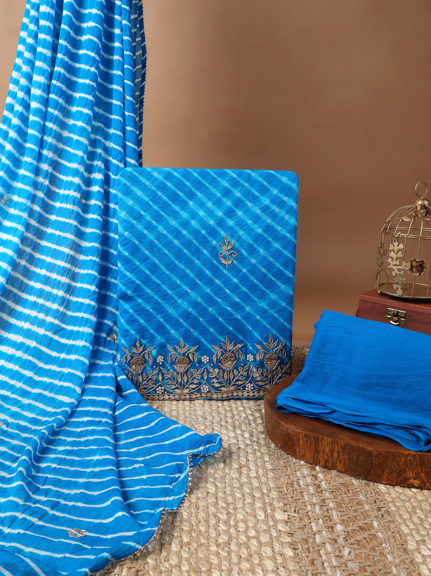 Teal Blue Georgette Leheriya Suit with Gota, Pearl & Sequin Work