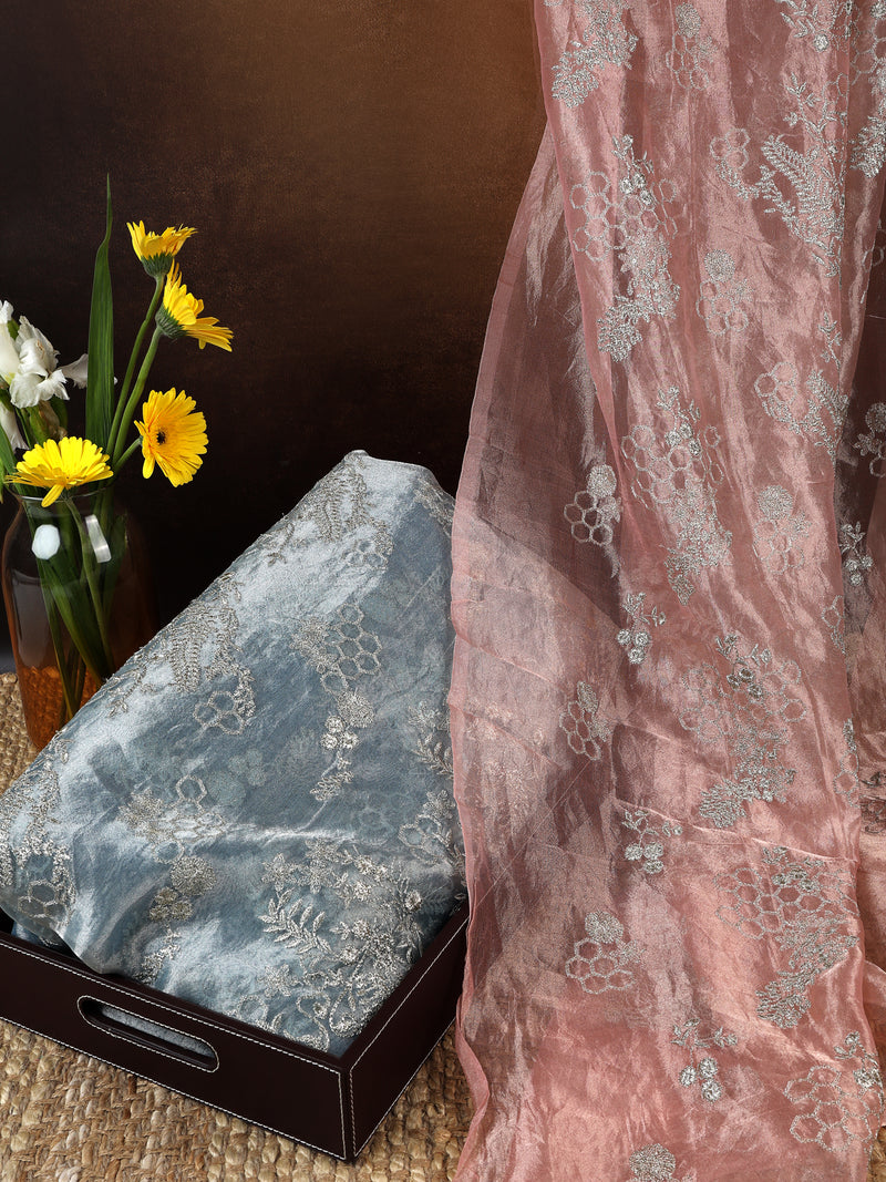 Organza Tissue With Kasab Zari Jaal Embroidery Fabric in Baby Pink, Powder Blue shades