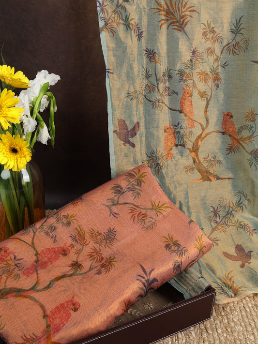 Chanderi Tissue Jaal Printed Fabric in Sea Green and Peach