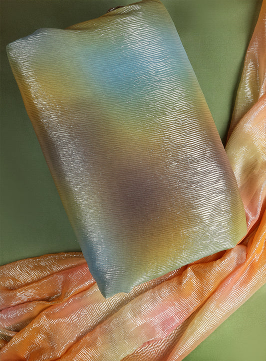 Wrinkled Shimmer Multi Leaf Organza Fabric in Orange/Multi, Green/Multi