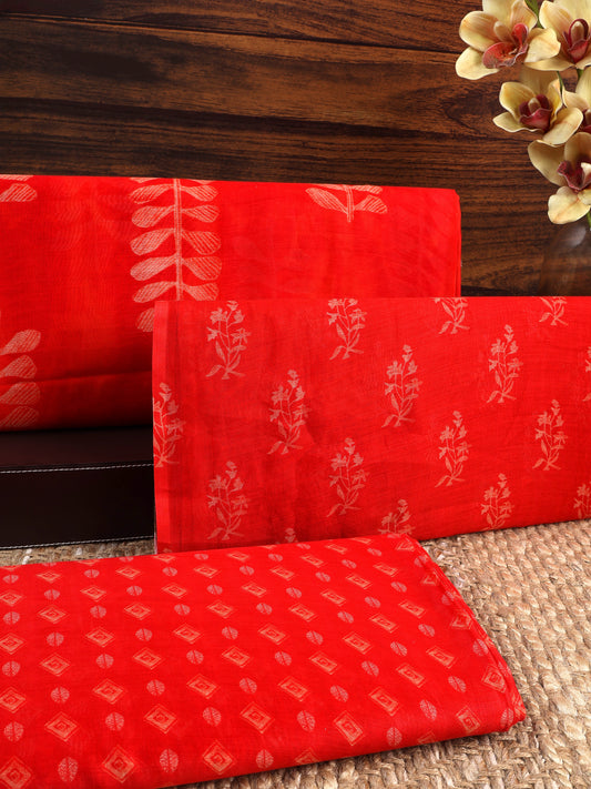 Silk Chanderi Buta Printed Fabric in Red