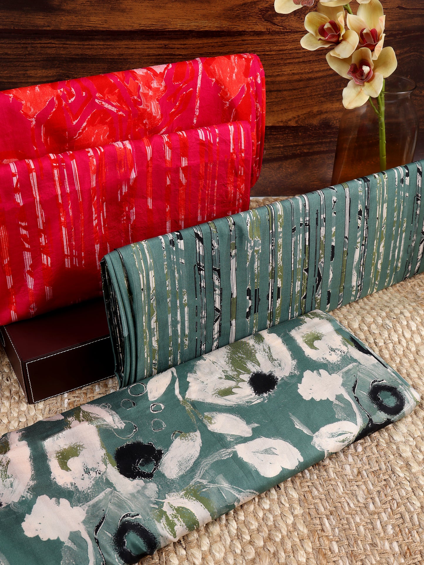 Silk Habutai Jaal & Stripes Printed Fabric in Pink/Red, Green/Black shades