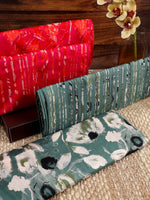 Silk Habutai Jaal & Stripes Printed Fabric in Pink/Red, Green/Black shades