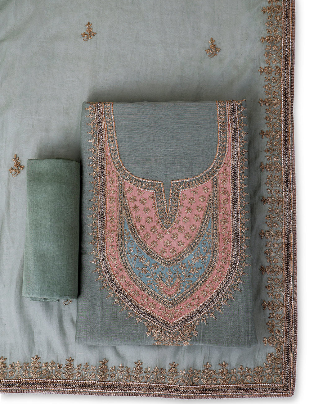 Sea Green Fine Chanderi Kurta Set with Embroidered Dupatta & Cotton Bottom