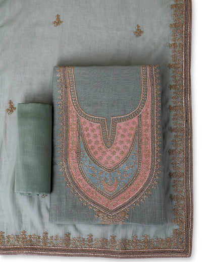 Sea Green Fine Chanderi Kurta Set with Embroidered Dupatta & Cotton Bottom