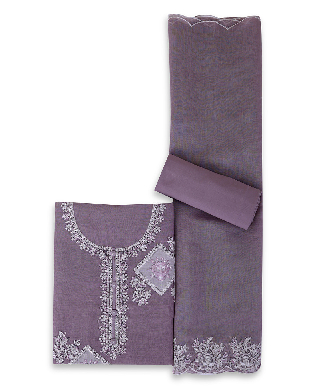 Misty Lilac Grey Fine Chanderi Suit with Embroidered Dupatta & Cotton Bottom