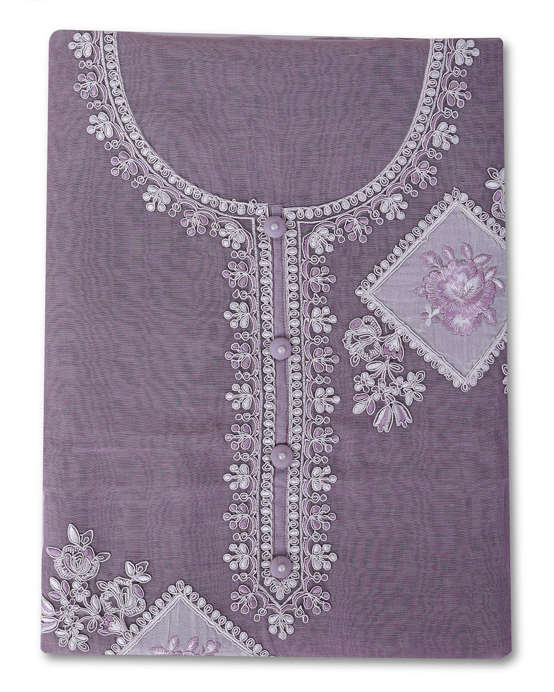Misty Lilac Grey Fine Chanderi Suit with Embroidered Dupatta & Cotton Bottom