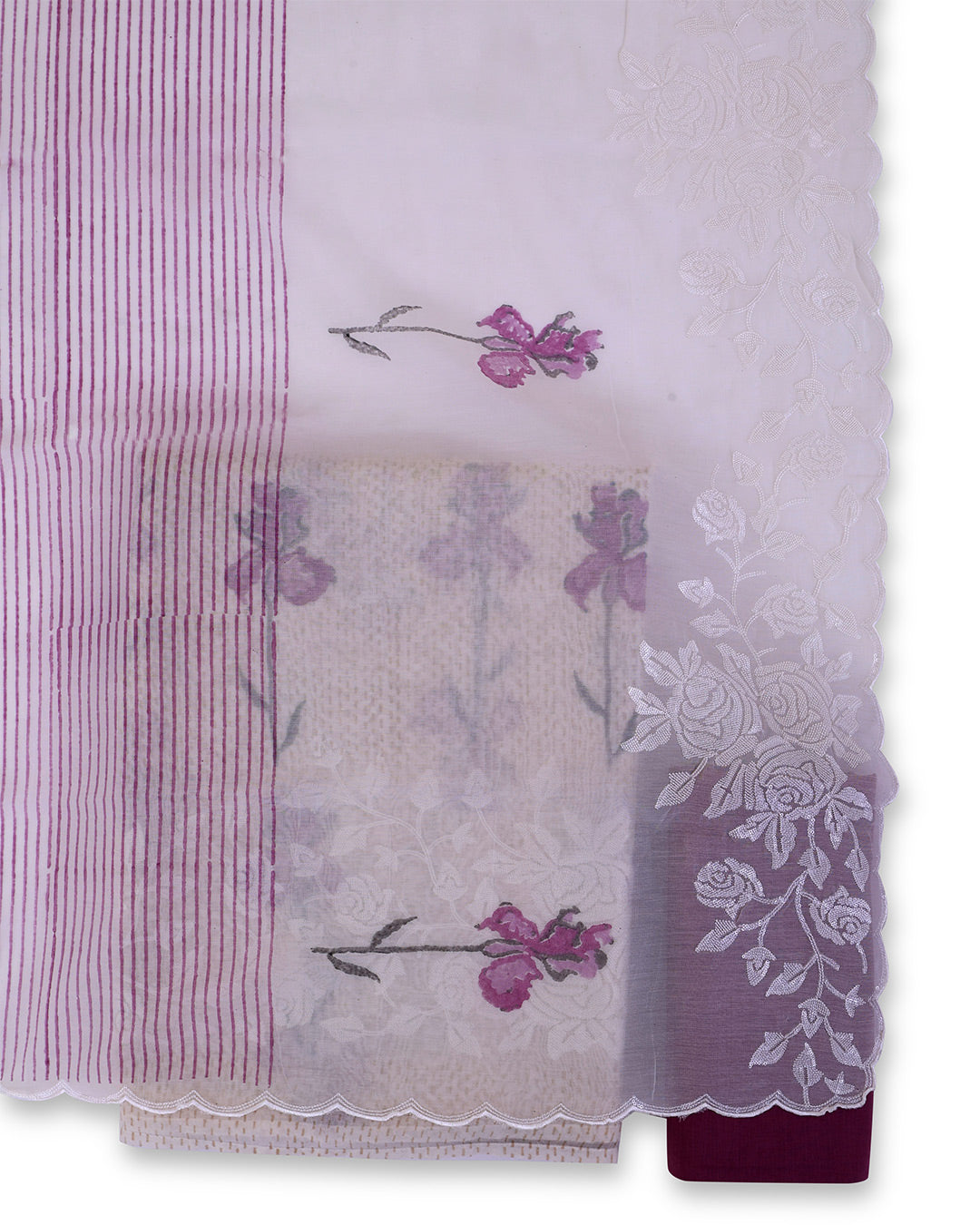 White Onion Pink Chanderi Block Printed Suit with Embroidery Dupatta & Cotton Bottom