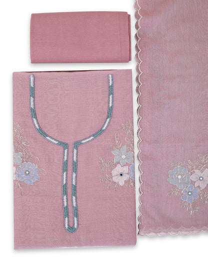 Dusty Mauve Fine Chanderi Suit with Embroidery & Dupatta Set