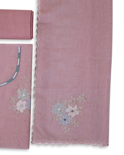 Dusty Mauve Fine Chanderi Suit with Embroidery & Dupatta Set