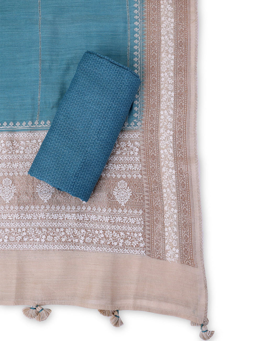 Sea Green Muga Tussar Woven Suit with Resham Embroidery & Dupatta
