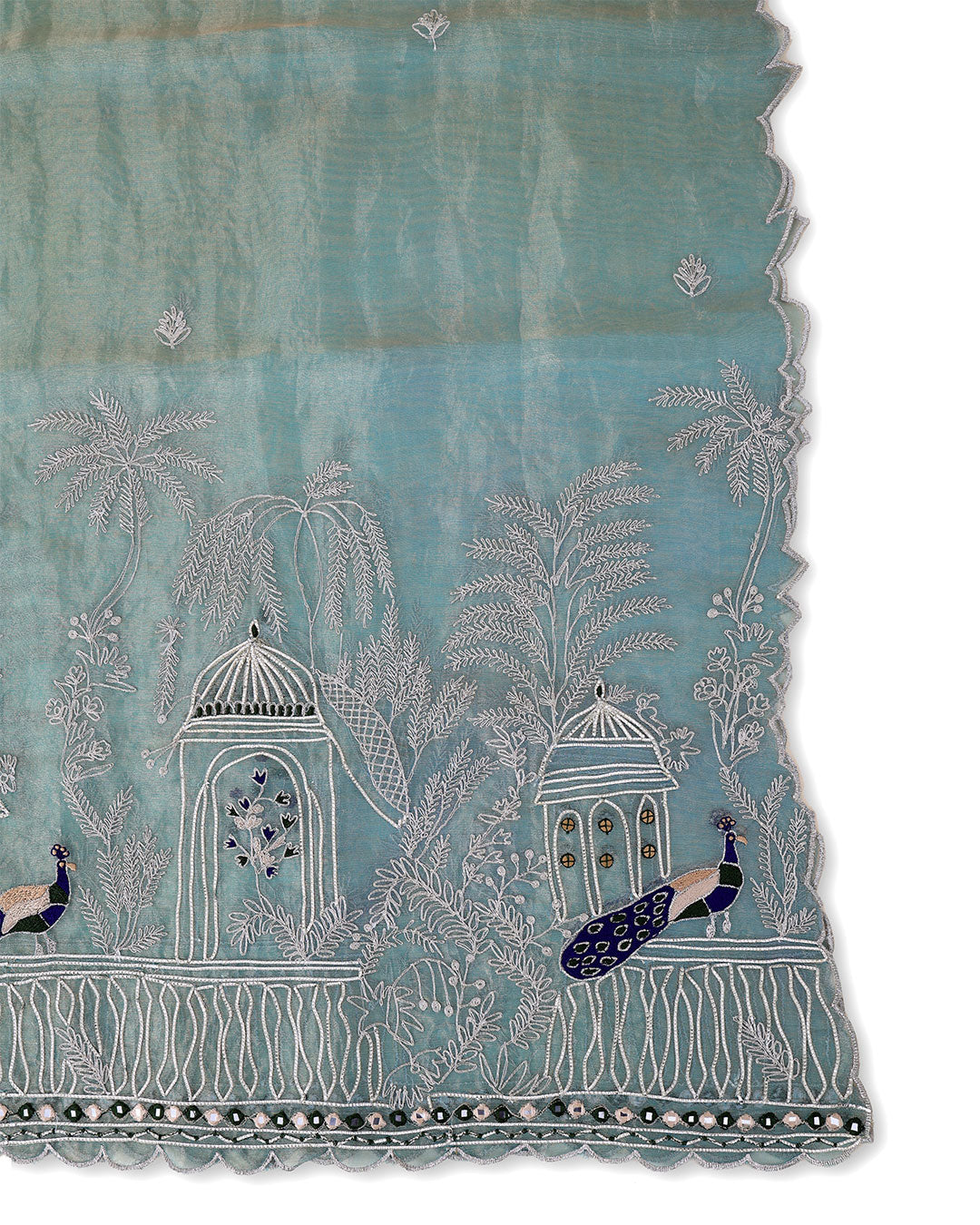 Organza Gold Tissue Kasab Gota Lace Resham Peacock  Embroidered Buti Dupatta