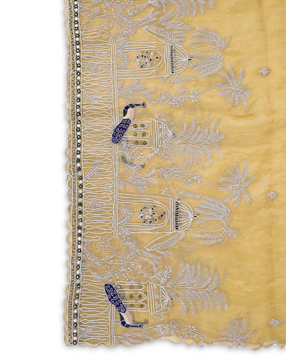 Organza Gold Tissue Kasab Gota Lace Resham Peacock  Embroidered Buti Dupatta