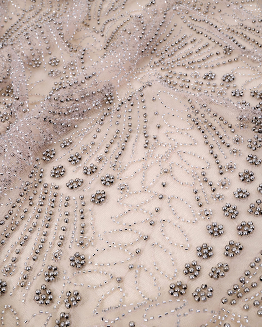 Peach Net Cutdana Pearl Jaal Embroidery Fabric