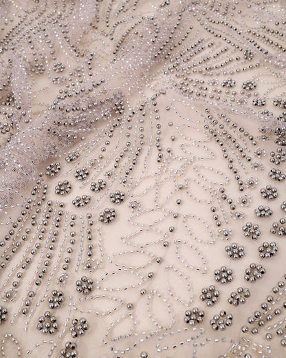 Peach Net Cutdana Pearl Jaal Embroidery Fabric