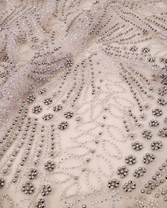 Peach Net Cutdana Pearl Jaal Embroidery Fabric