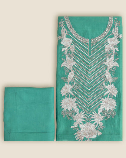 Green Fine Chanderi Suit with Zari Appliqué Embroidery & Dupatta