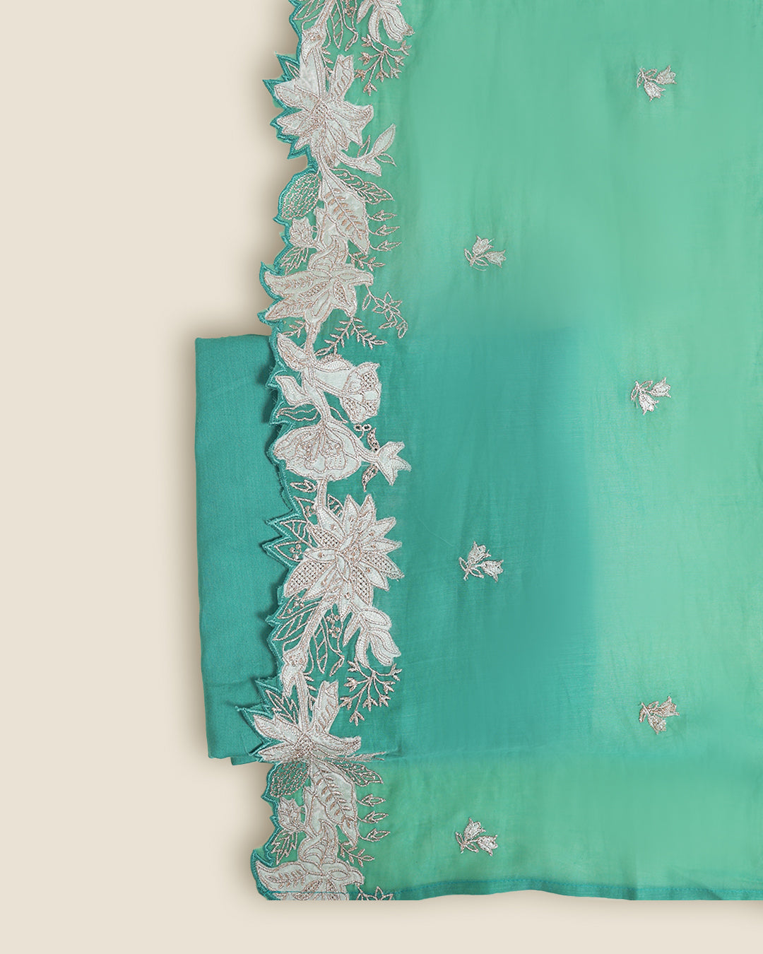 Green Fine Chanderi Suit with Zari Appliqué Embroidery & Dupatta