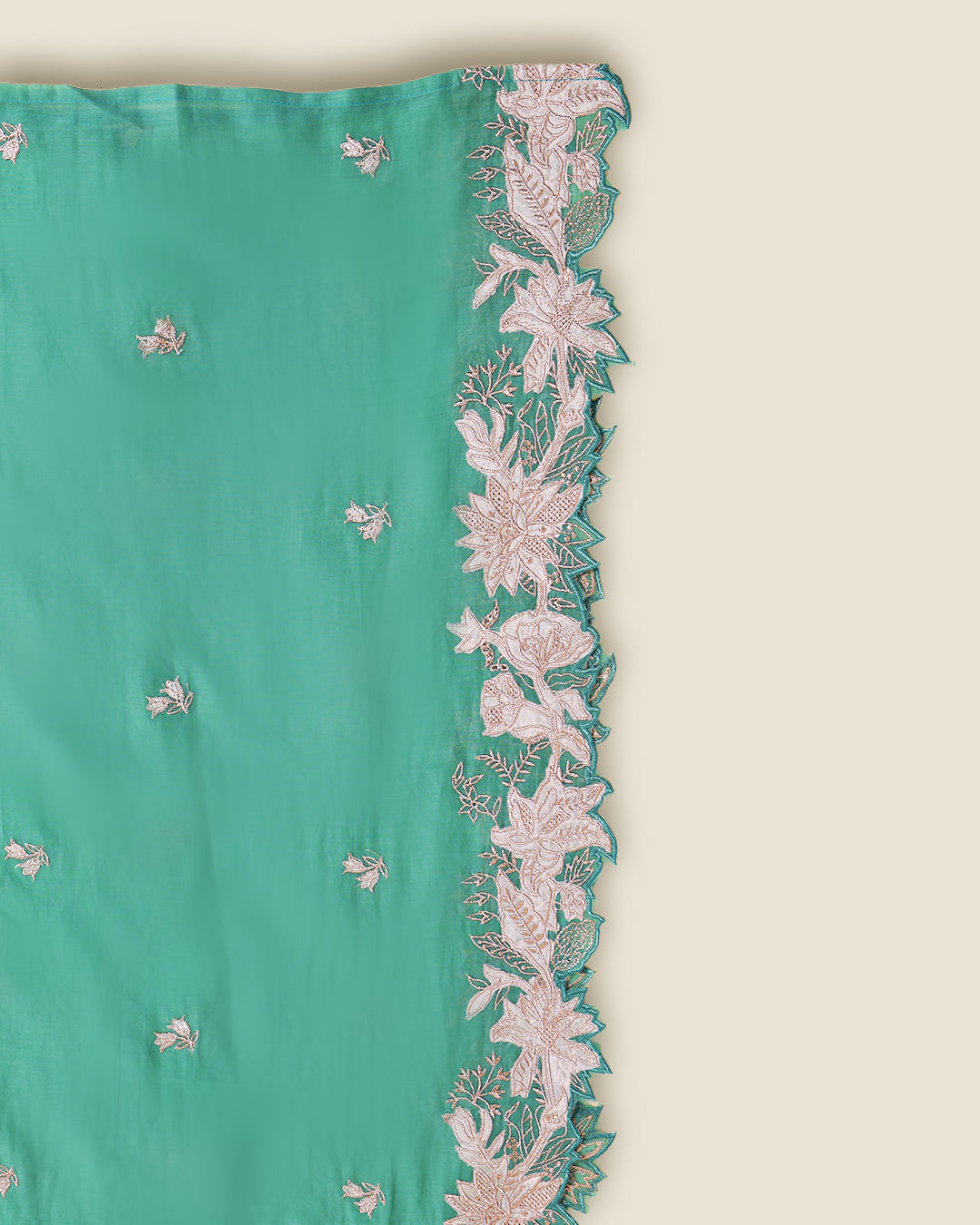 Green Fine Chanderi Suit with Zari Appliqué Embroidery & Dupatta