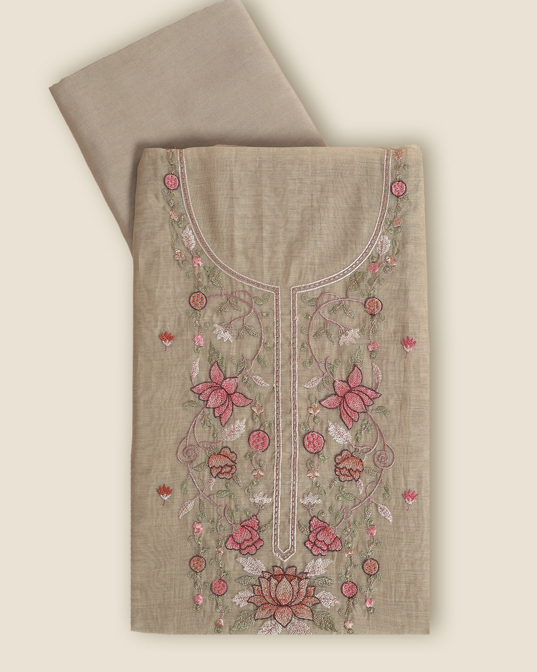 Dusty Green Fine Chanderi Suit with Resham Embroidered Neck