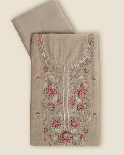 Dusty Green Fine Chanderi Suit with Resham Embroidered Neck