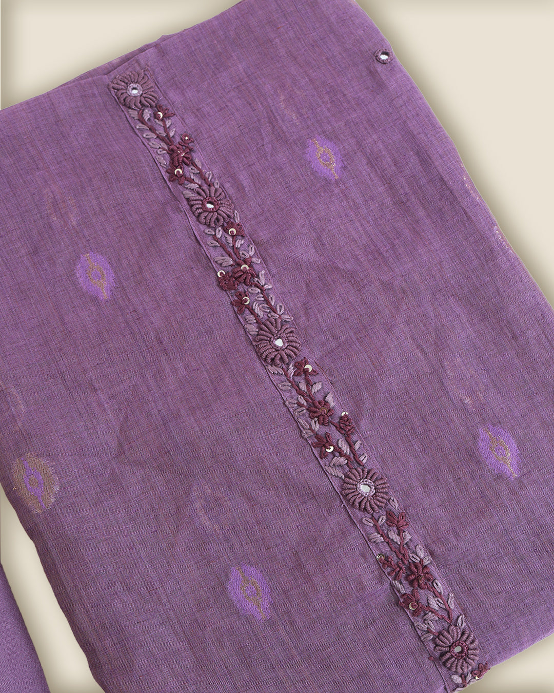 Purple Kora Chanderi Woven Suit with Thread, Sequence & Mirror Embroidery