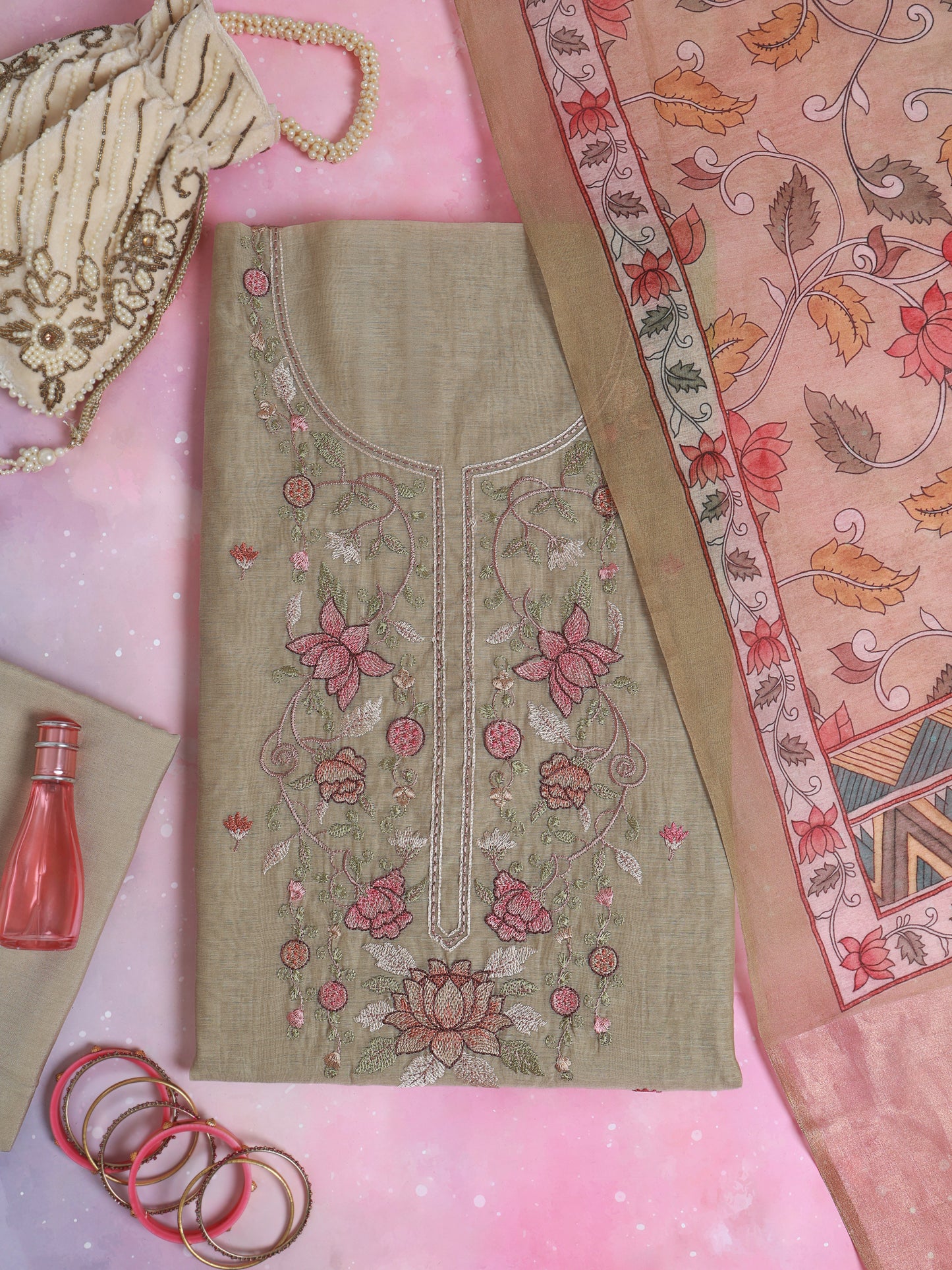 Dusty Green Fine Chanderi Suit with Resham Embroidered Neck
