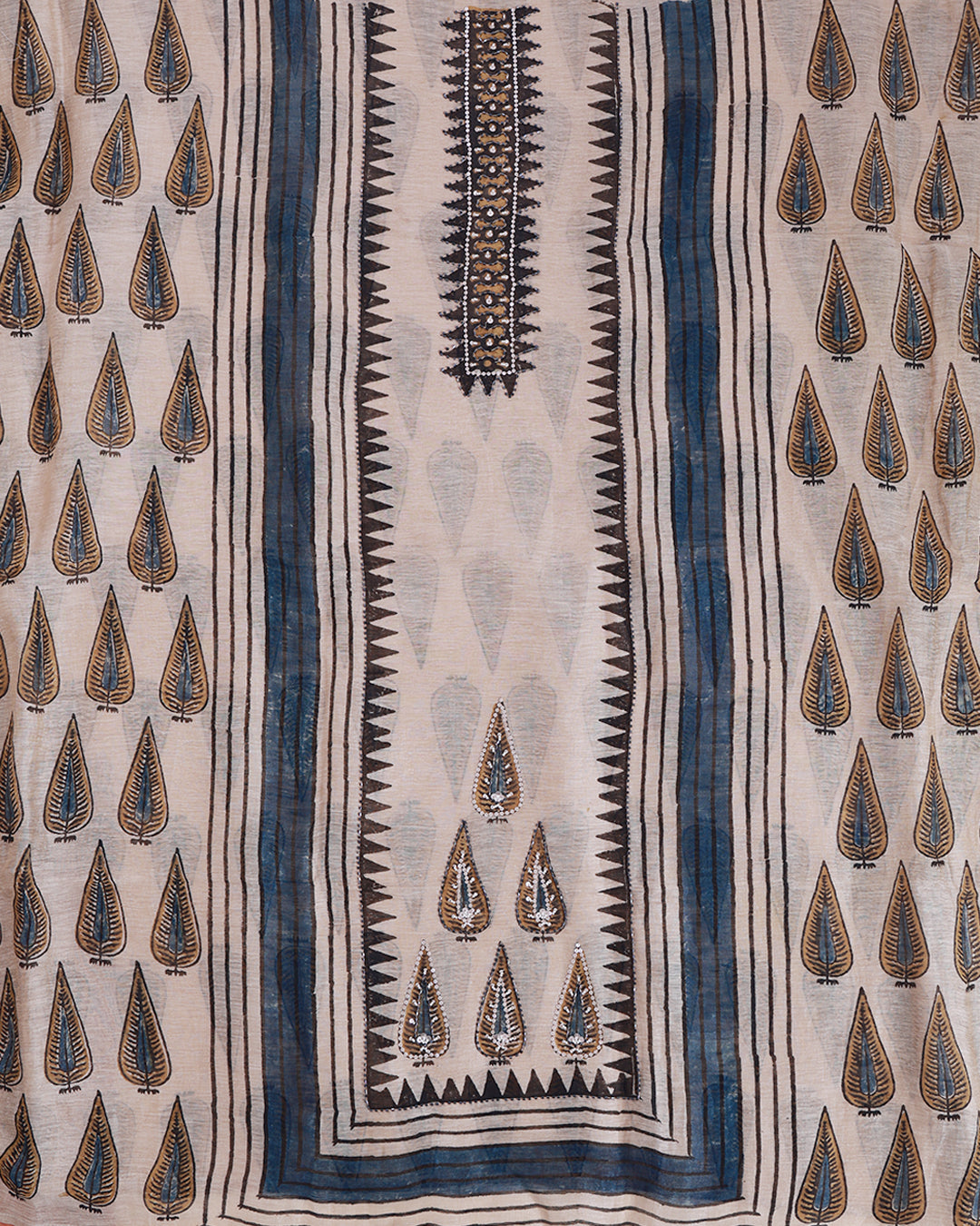 Beige Silk Linen Ajrakh Print Suit with Sequins, Pearl & Cutdana Work