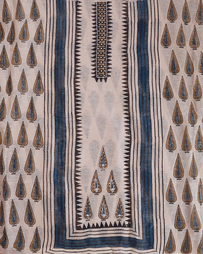 Beige Silk Linen Ajrakh Print Suit with Sequins, Pearl & Cutdana Work