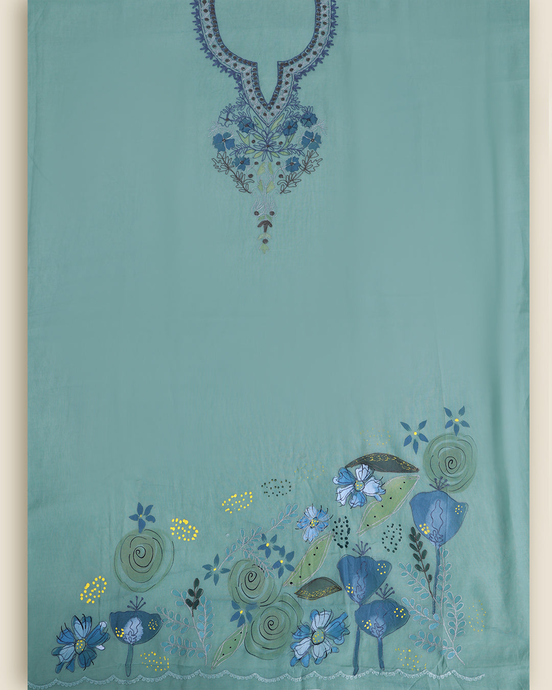 A turquoise blue fabric garment, likely a kurta or dress, featuring detailed floral and paisley embroidery. The neckline is adorned with blue and purple embroidery, and the lower hem has a matching floral border in shades of blue, green, and yellow.