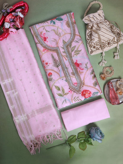 Pastel Pink Fine Chanderi Digital Printed Suit with Embroidered Dupatta