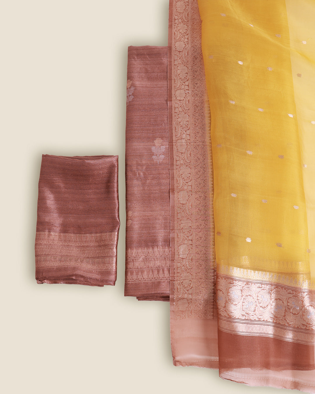 Brown Raw Silk Hand Woven Kurta with Yellow Organza Dupatta & Bottom Suit