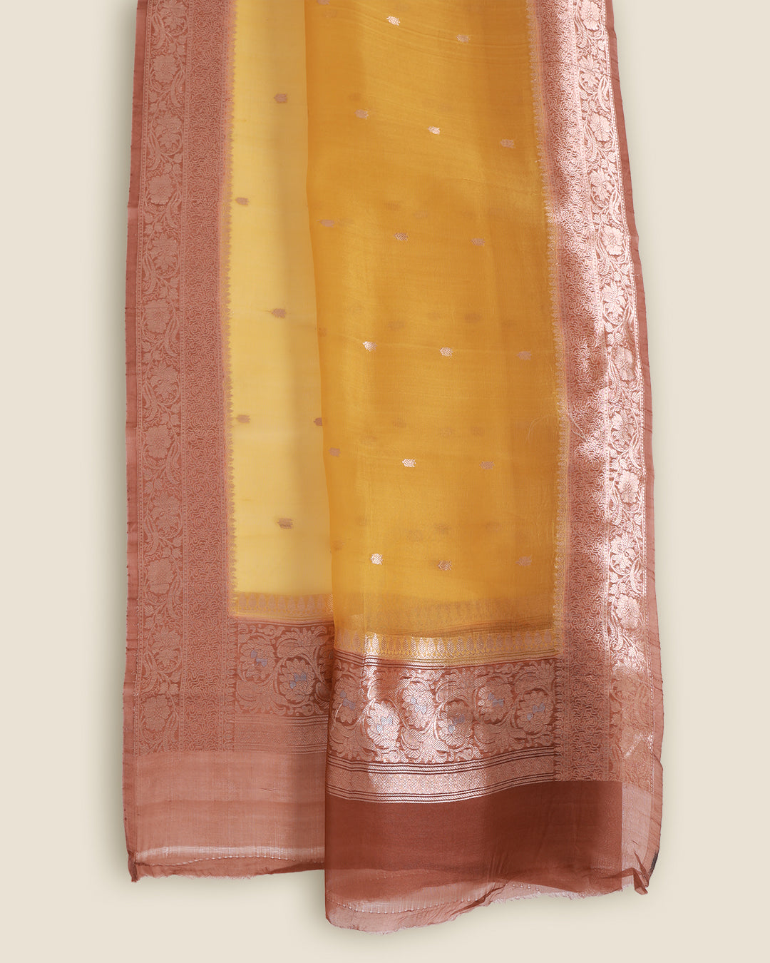 Brown Raw Silk Hand Woven Kurta with Yellow Organza Dupatta & Bottom Suit