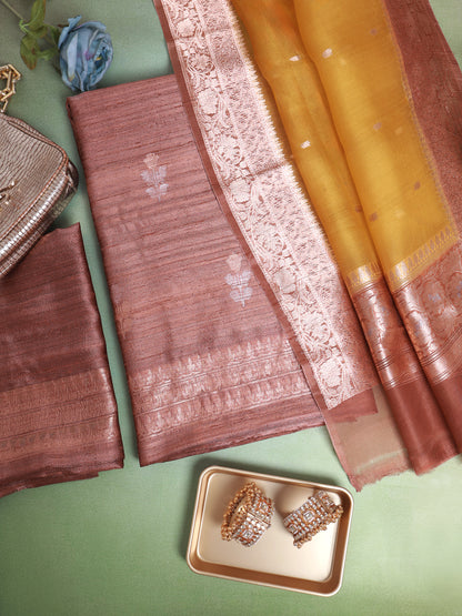 Brown Raw Silk Hand Woven Kurta with Yellow Organza Dupatta & Bottom Suit