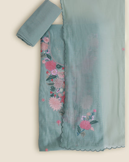 Sea Green Fine Chanderi Suit with Aari Embroidery & Butti Dupatta