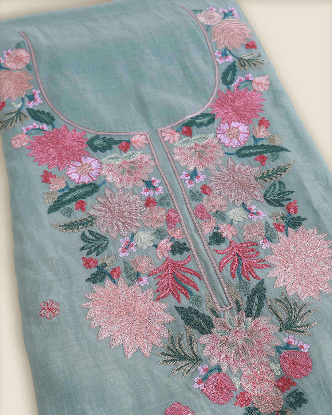 Sea Green Fine Chanderi Suit with Aari Embroidery & Butti Dupatta