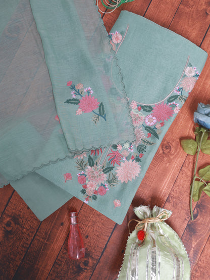 Sea Green Fine Chanderi Suit with Aari Embroidery & Butti Dupatta
