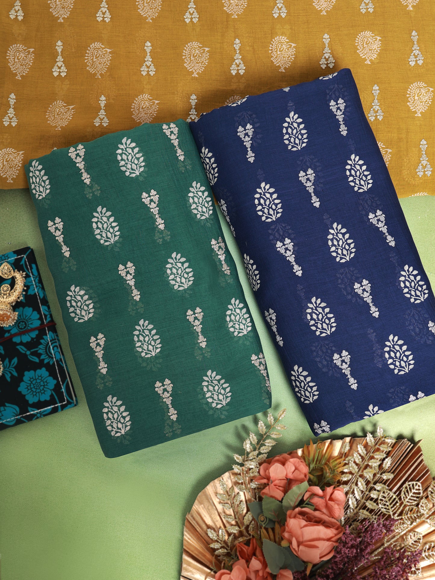 Chanderi Printed Dori Buti Embroidery Fabric