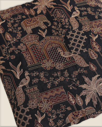 Slub Silk Figure Printed Fabric with Kasab Zari Embroidery