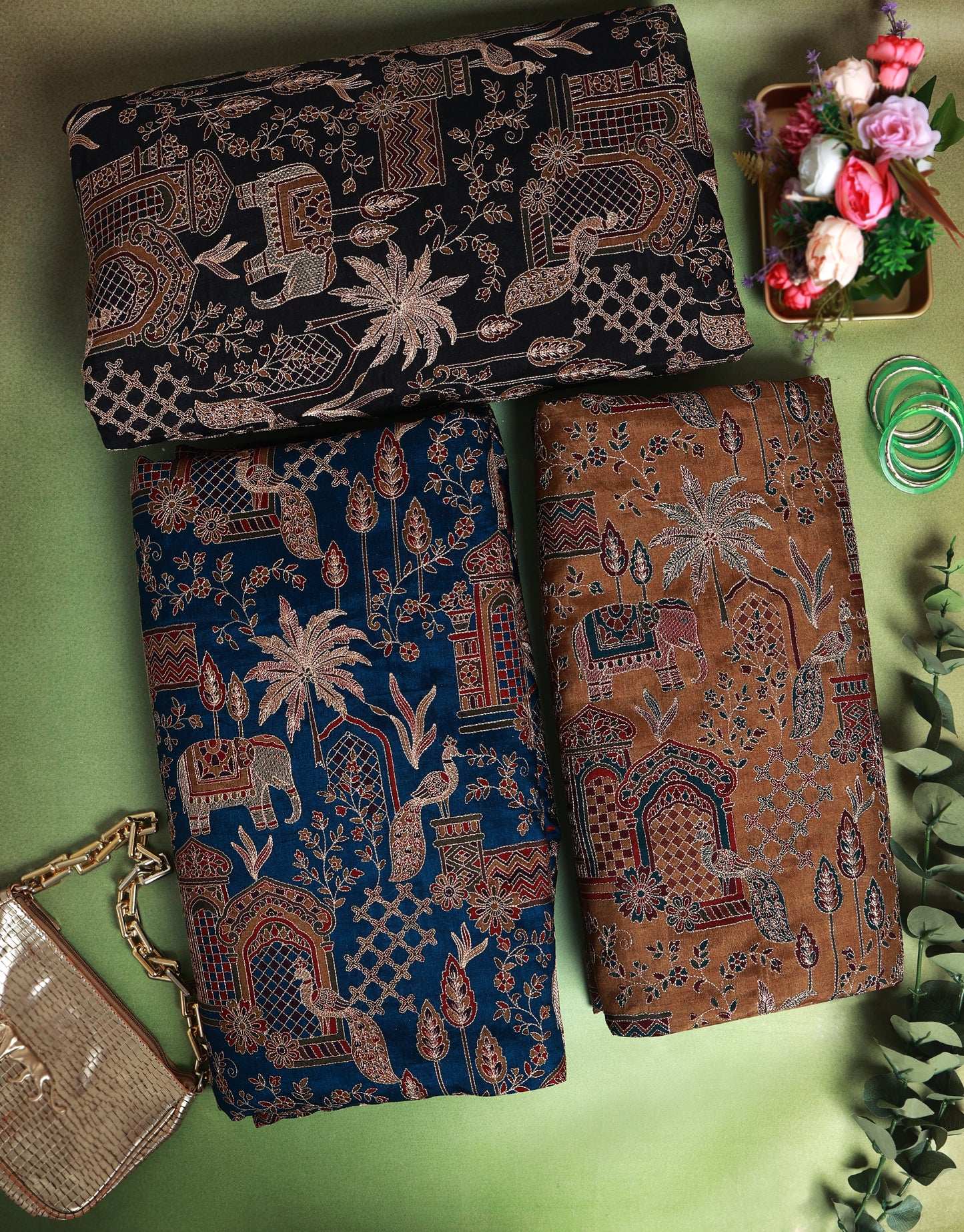 Slub Silk Figure Printed Fabric with Kasab Zari Embroidery