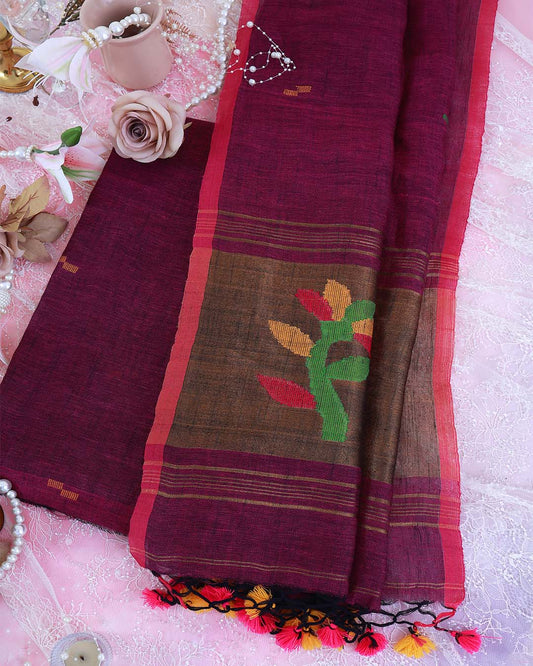 Magenta Linen Suit with Jamdani Woven Buti & Linen Tissue Dupatta