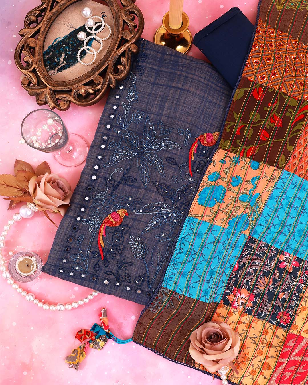 Navy Blue Chanderi Printed Suit with Embroidered Neck & Dupatta