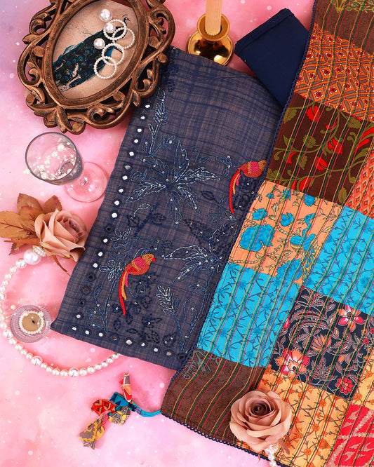 Navy Blue Chanderi Printed Suit with Embroidered Neck & Dupatta