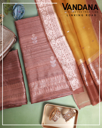 Brown Raw Silk Hand Woven Kurta with Yellow Organza Dupatta & Bottom Suit