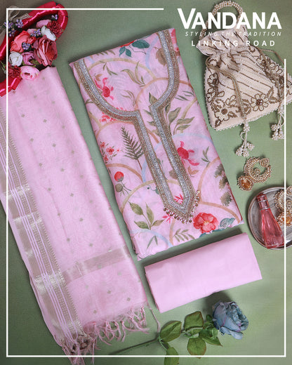 Pastel Pink Fine Chanderi Digital Printed Suit with Embroidered Dupatta