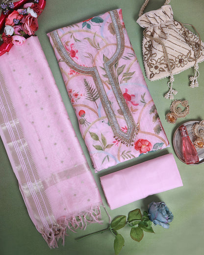 Pastel Pink Fine Chanderi Digital Printed Suit with Embroidered Dupatta