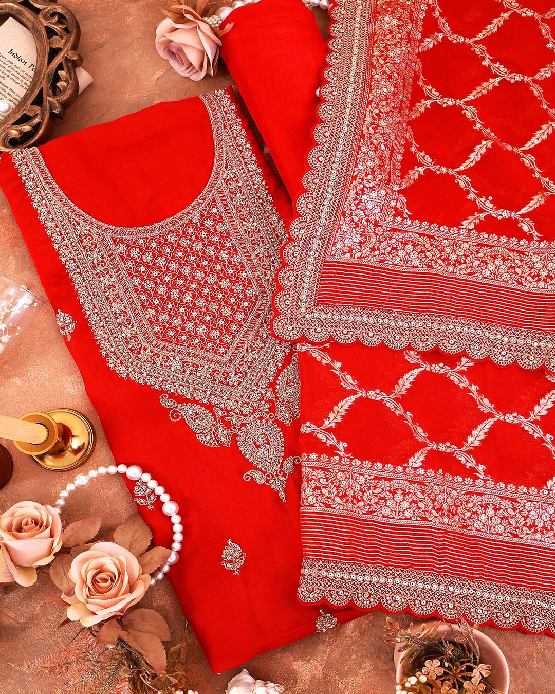 Red Organza Suit with Embroidery & Woven Border Dupatta
