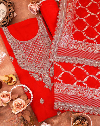 Red Organza Suit with Embroidery & Woven Border Dupatta